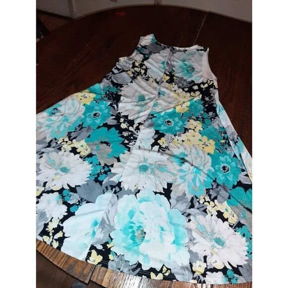 Small Teal Yellow White Floral Sleeveless Tank Midi Sundress - Picture 4 of 4